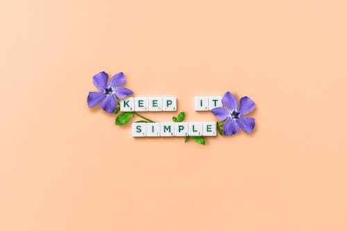 Scrabble Text and Purple Flowers on Pastel Background