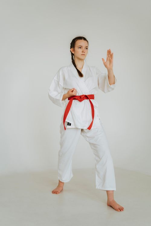 Free Teen girl practicing martial arts in karate gi with red belt, posed confidently. Stock Photo