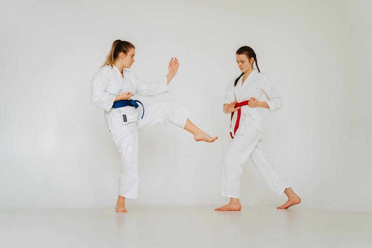 Two Girls In Kimonos Showing Karate Fight