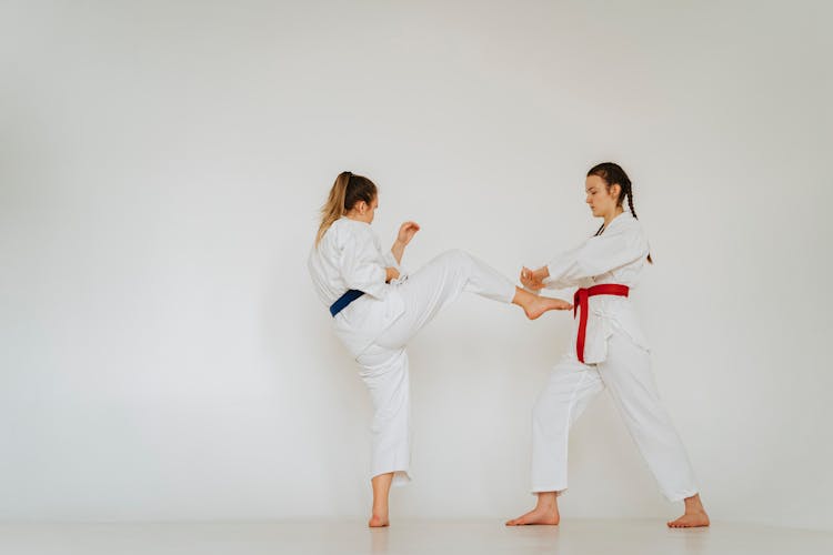 Girls In Uniform Training Karate In Studio