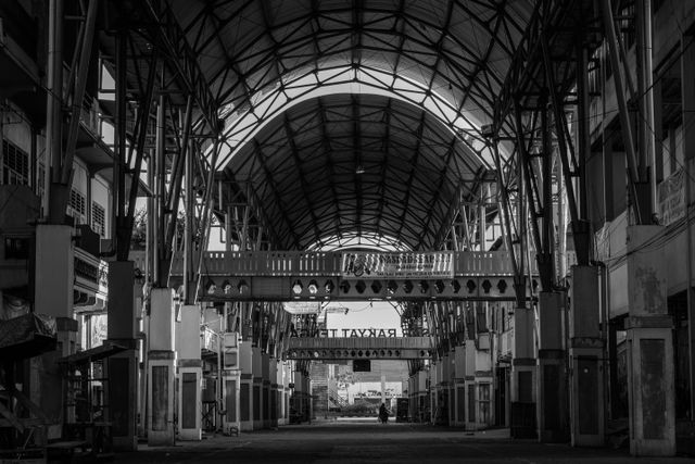 Black and white photograph of an empty market building in Pontianak, Indonesia.