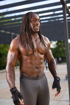 A muscular black man with dreadlocks exercising outdoors, showcasing fitness and strength.