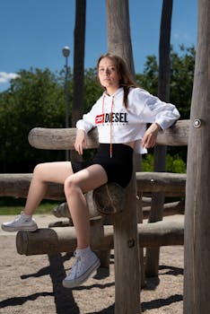 Young woman wearing a hoodie, sitting outdoors on wooden structure on a sunny day.