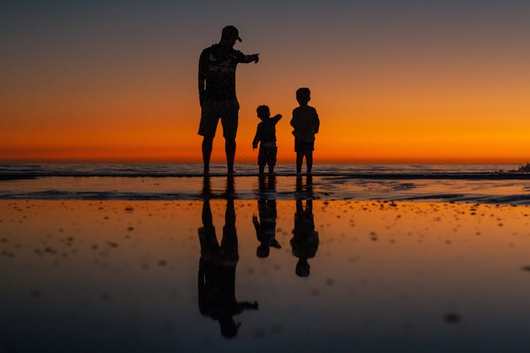 Silhouette Of Man With Children At Sundown