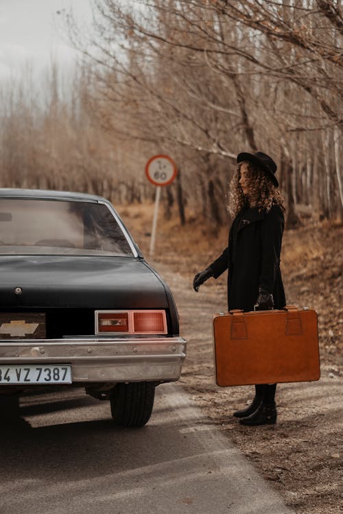 Free Side view of young stylish female catching old automobile on road with leafless trees in autumn Stock Photo