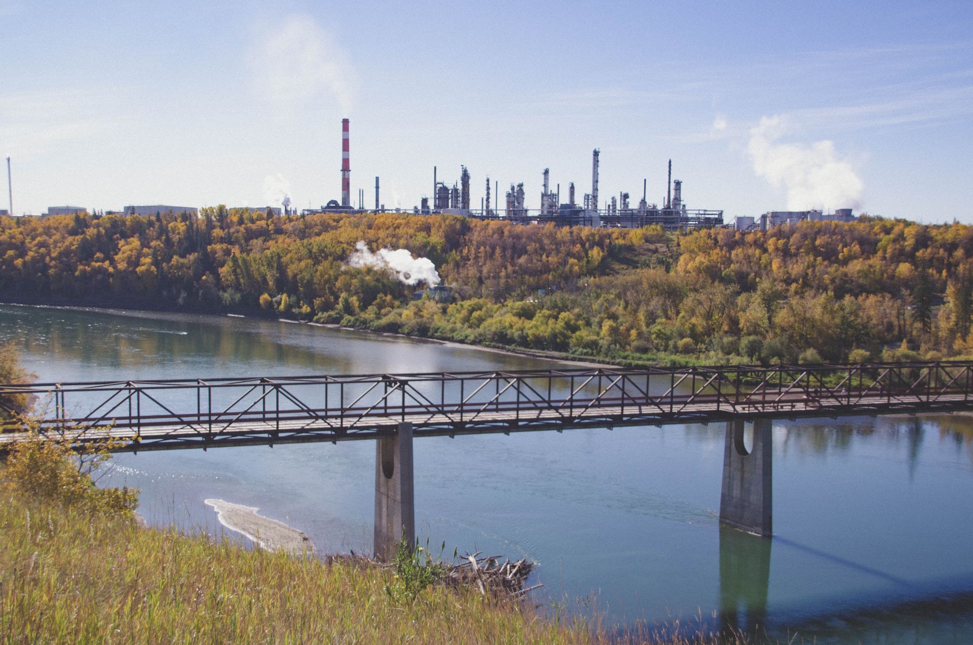 Autumn Landscape with Bridge and Factory on Background