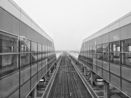 Grayscale Photo of a Railway Station