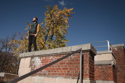 Free Low angle of pensive male in casual clothes standing on city structure and looking away Stock Photo