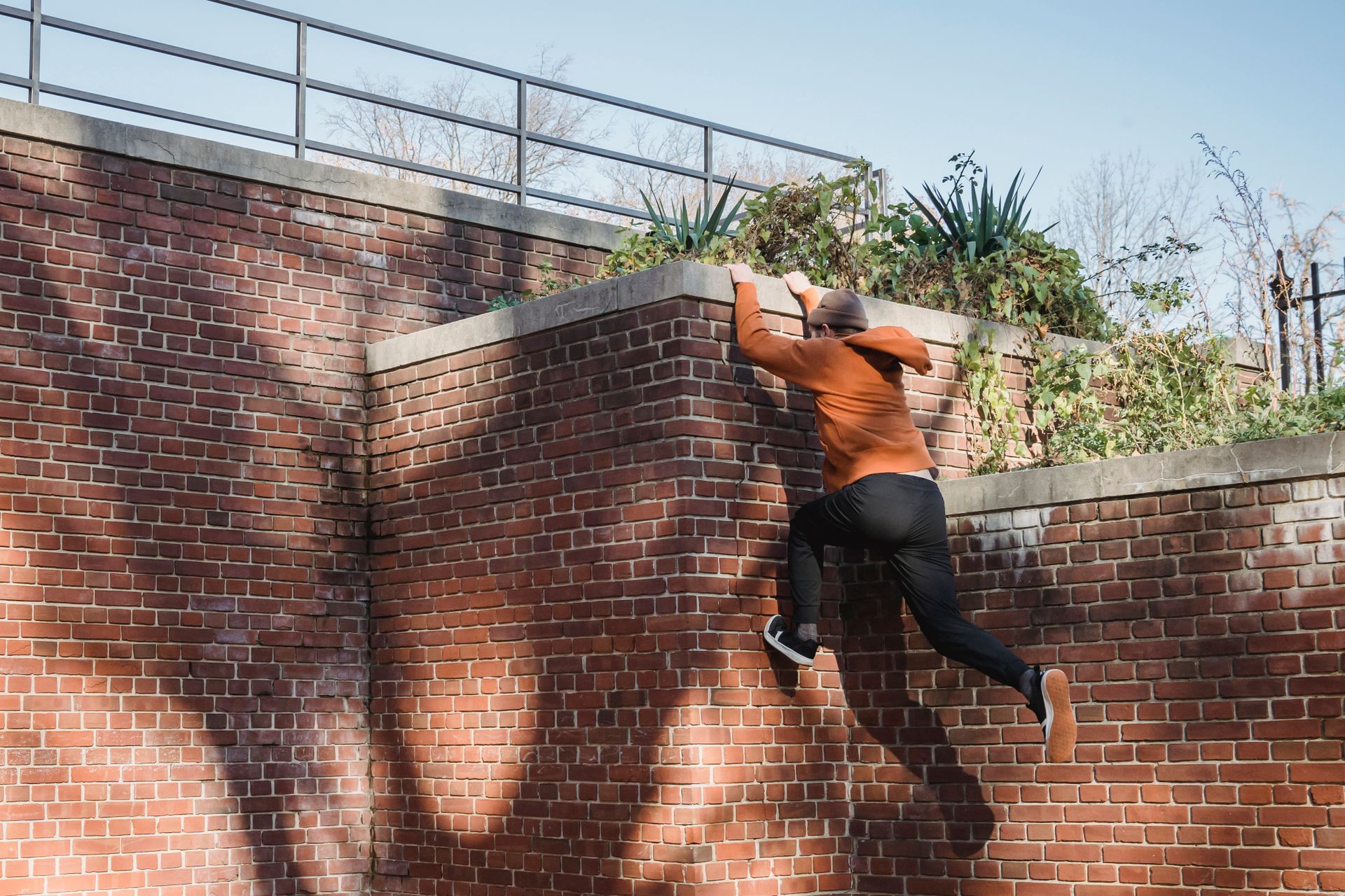Active man climbing on wall while practicing parkour skills