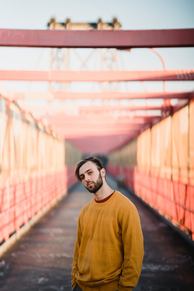 Cool Man In Soft Wear On City Bridge