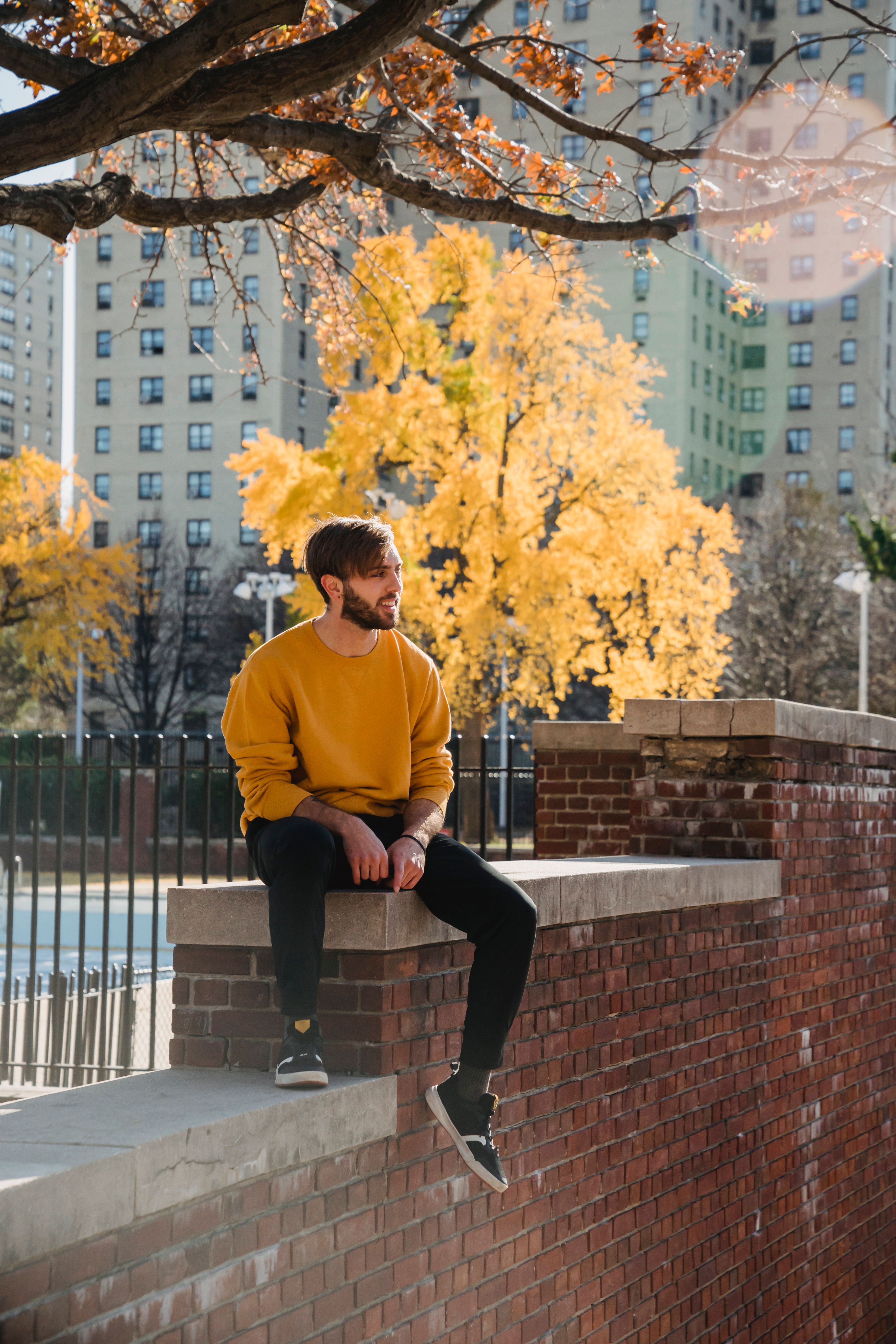 Full body side view of stylish male sitting on brick border and looking into distance while resting on street with building on background