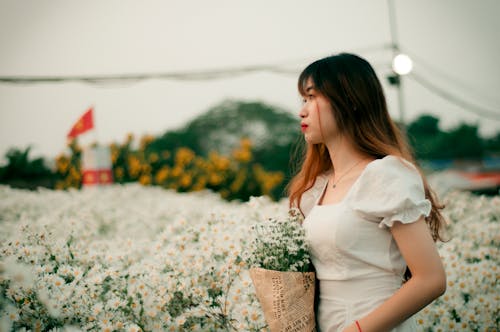 Fotobanka s bezplatnými fotkami na tému Ážijčanka, biele kvety, biele šaty