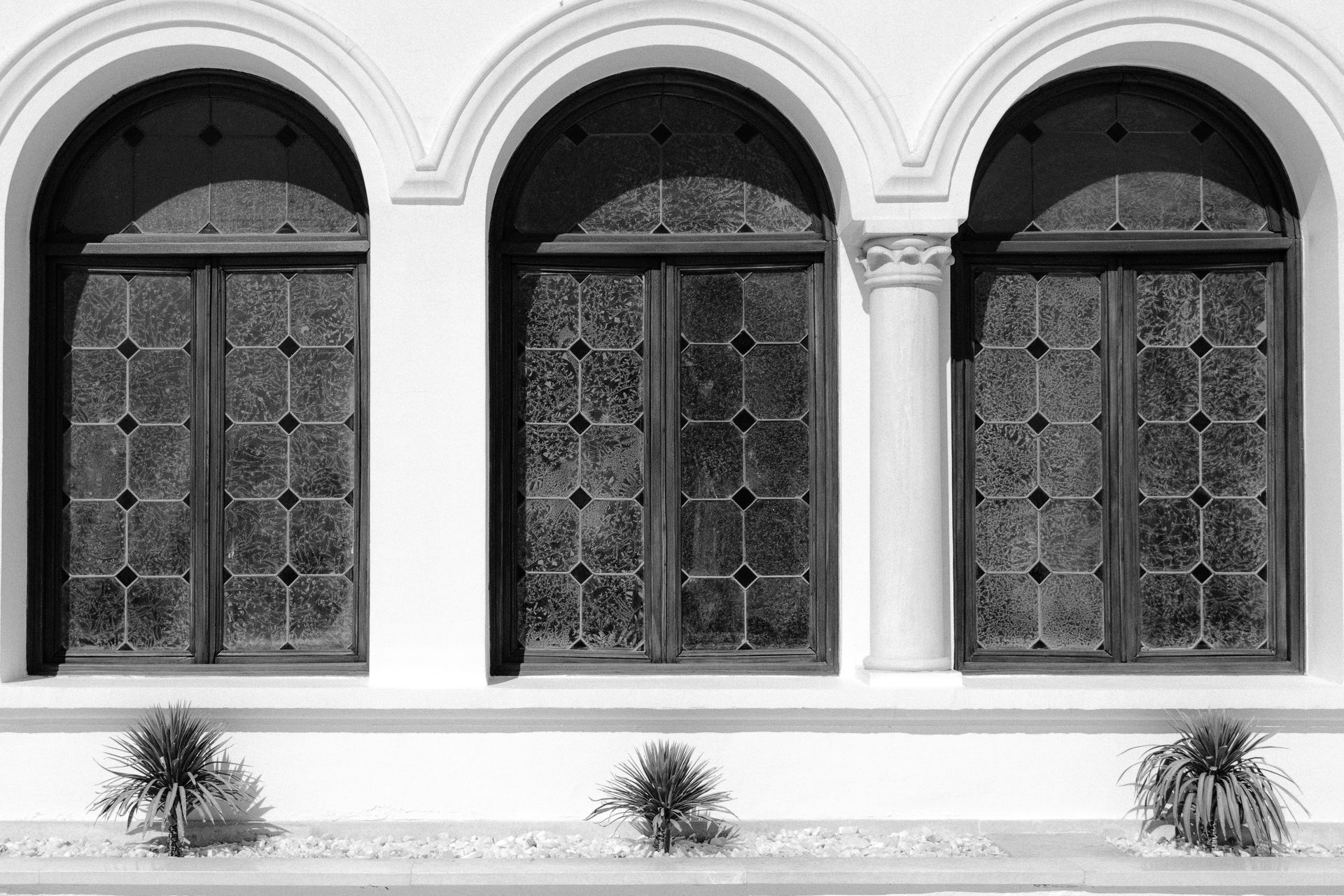 Black and white photo of elegant arched windows with frosted glass and plant boxes.