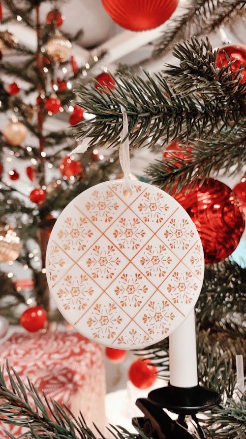 Closeup of a White and Red Decoration on a Christmas Tree