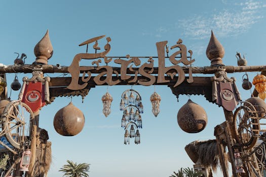 A decorative entrance with hanging ornaments at Farsha Café, Sharm El Sheikh, Egypt.