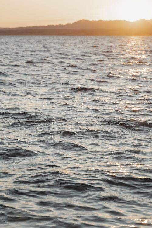 Free Serene ocean waves bathed in golden sunset light, creating a peaceful seascape. Stock Photo