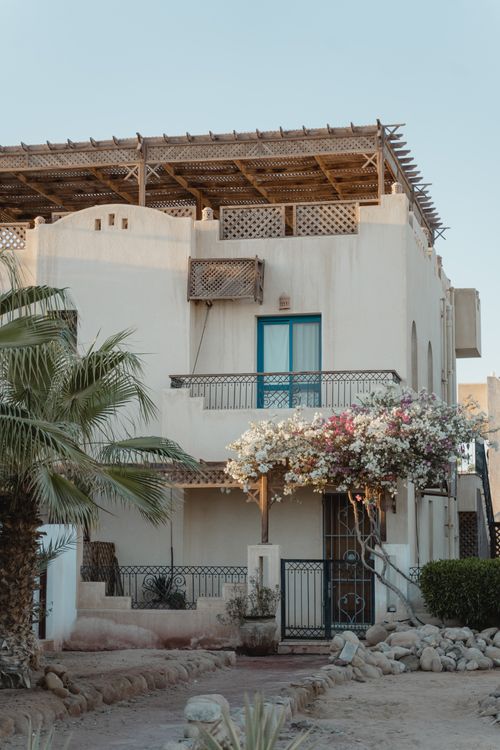 Free Elegant Mediterranean villa exterior with colorful flowers and palm trees in natural light. Stock Photo