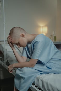 Bald woman in gown sitting on a hospital bed, deep in thought.