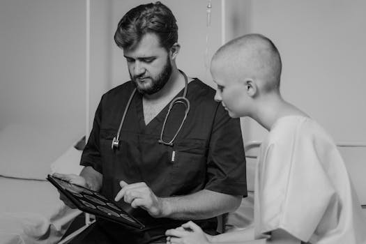 A doctor showing medical images to a patient in a hospital setting, highlighting care and consultation.