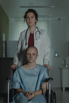 A doctor with a stethoscope assists a patient in a hospital corridor.