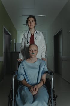 Compassionate doctor pushing a patient in wheelchair through a hospital corridor.