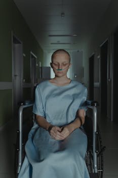 Woman in hospital gown sitting in wheelchair, conveying emotion in a dim hospital corridor.