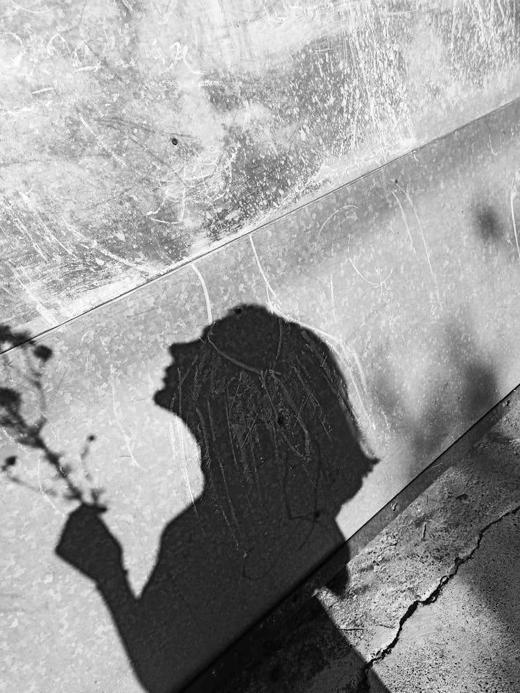 Black And White Silhouette Of A Girl With Flowers On Concrete Wall