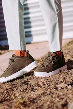 Olive sneakers paired with white pants on a gravel path, showcasing casual outdoor fashion.