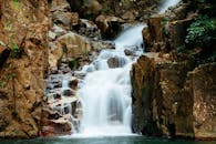 宁静的自然环境中，一道美丽的瀑布流过岩石，营造出宁静的氛围