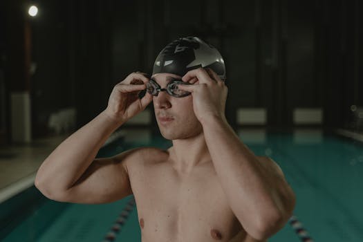 Athlete adjusting goggles in an indoor swimming pool, ready to swim.