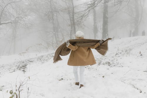 Orang Dengan Mantel Coklat Dan Putih Berdiri Di Atas Tanah Yang Tertutup Salju