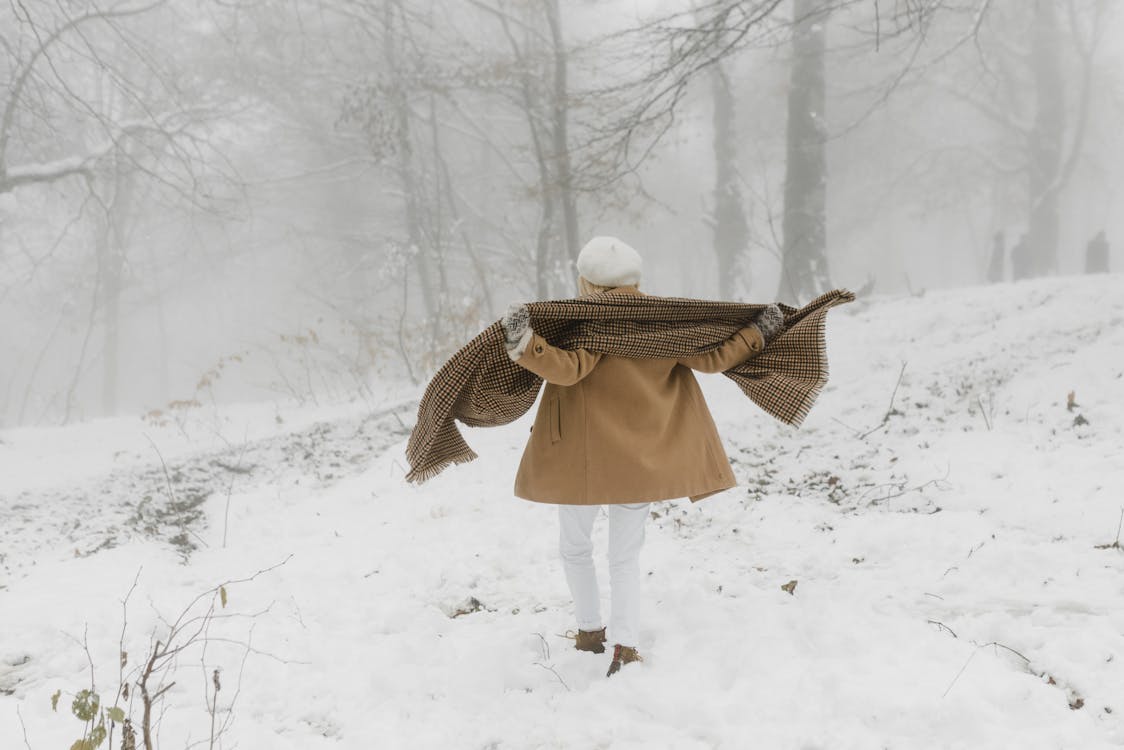 雪に覆われた地面に立っている茶色と白のコートの人