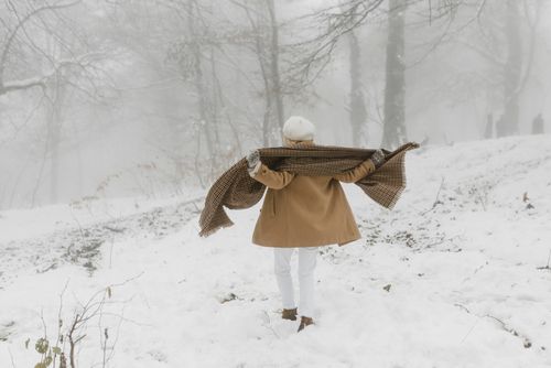 Free A person in winter attire walking through a snow-covered forest, embracing the cold weather. Stock Photo