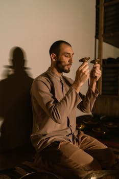 A man meditates indoors holding singing bowls, creating a peaceful ambiance.