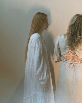 A dreamy, conceptual portrait of two women in elegant white dresses, creating an ethereal, stylish atmosphere.