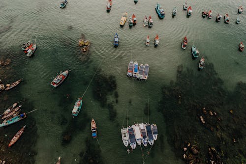 Aerial Photography of Colorful Boats Docked on the Side of the Sea