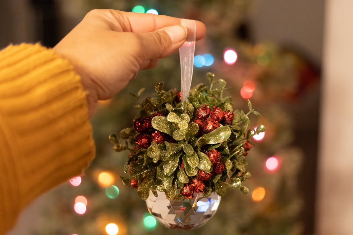 Free Person Holding Red and Green Christmas Tree Ornament Stock Photo