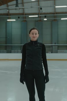 A woman ice skater in a black outfit practicing in an indoor rink.