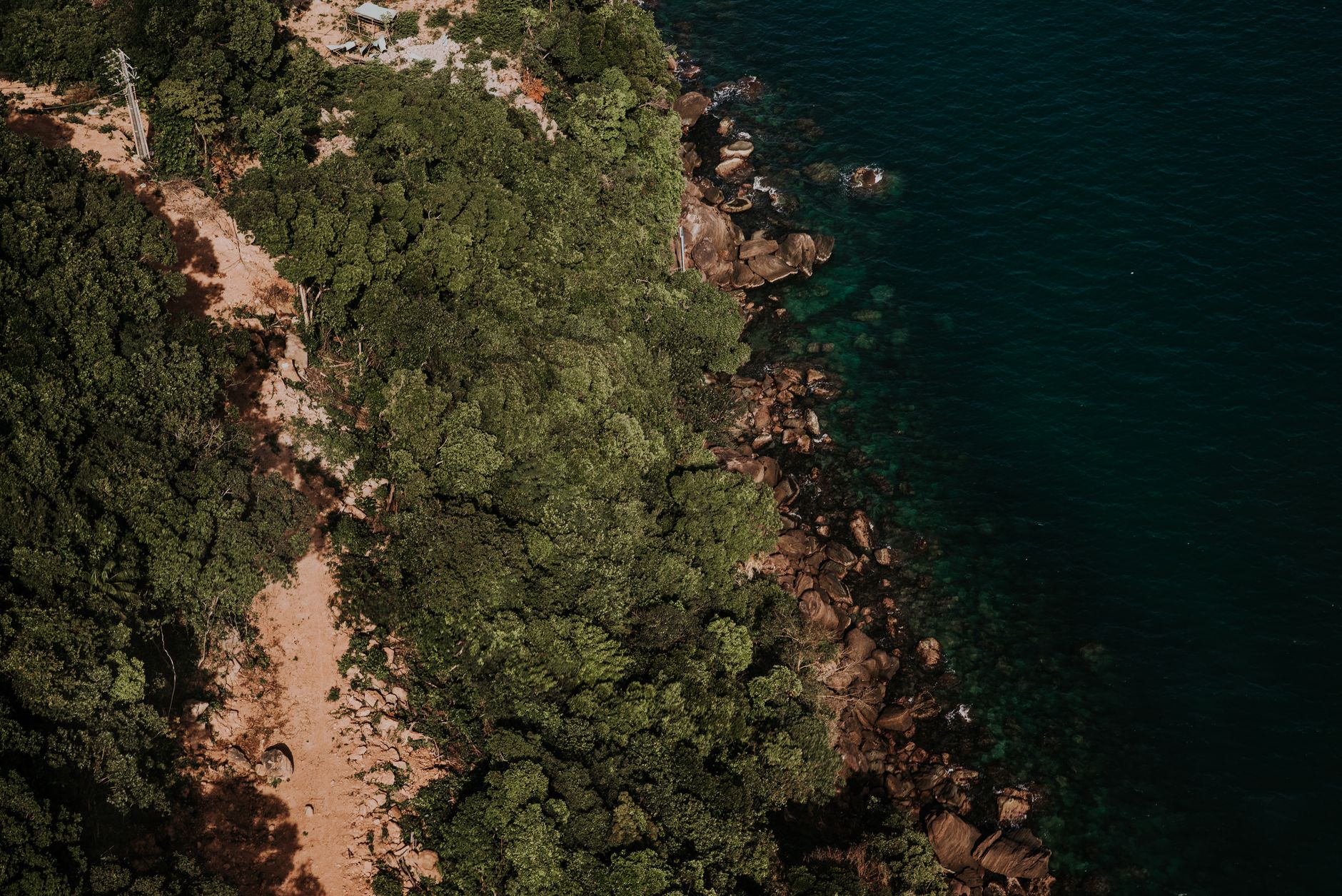 Stunning aerial shot of Vietnam's coastline with dense forest and rocky shores, showcasing nature's beauty.