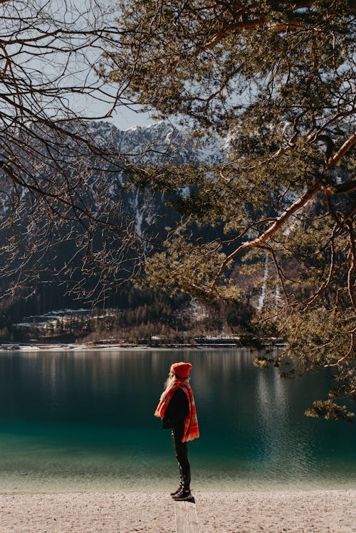 grátis Mulher De Jaqueta Vermelha Em Pé Perto Do Lago Foto profissional