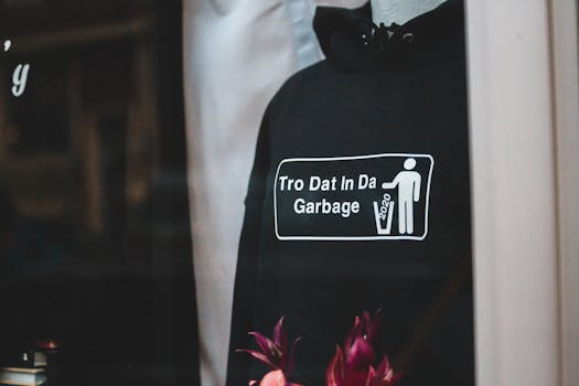 Through glass window of mannequin in black hoodie with Tro dat in da garbage inscription placed in shop in daytime