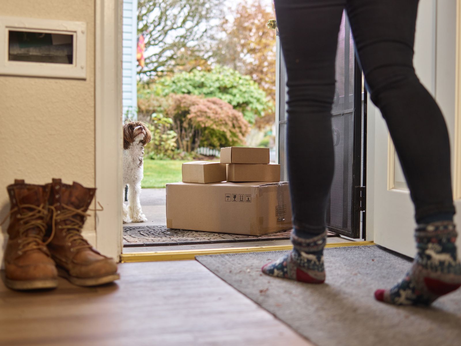 Woman opening a front door beside delivered boxes and a curious dog