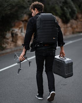 A man carrying a drone and backpack walks on a road near Bondi Beach, Australia.