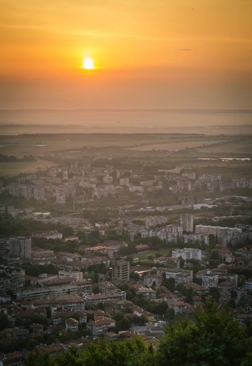 Aerial View of an Urban Area during Sunset