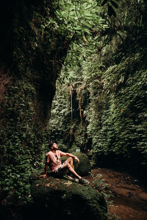 Мужчина в красных шортах сидит на скале посреди леса