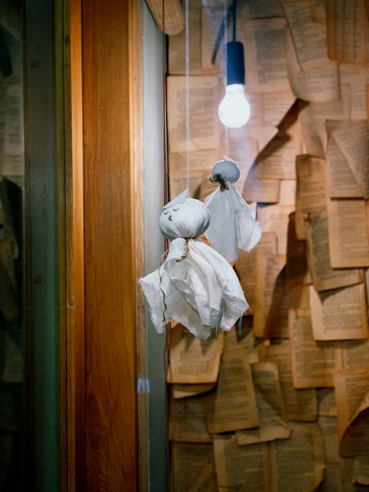 A Handmade Ghost Hanging Near A Light