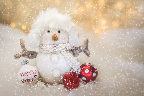 Small decorative snowman with hat and scarf with holiday inscription on bright baubles placed on snow with snowfall during Christmas celebration