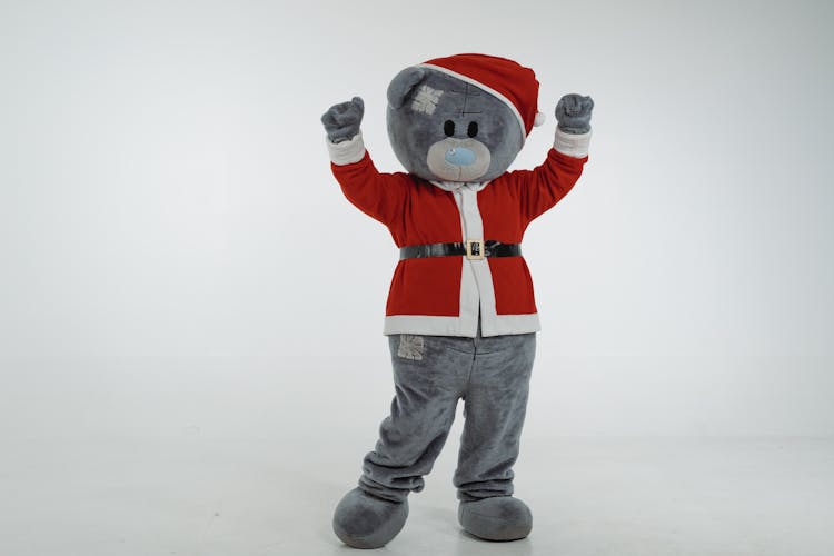 A Teddy Bear Mascot In Santa Claus Costume