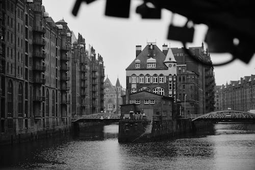 Grayscale Photo of Speicherstadt in Hamburg, Germany