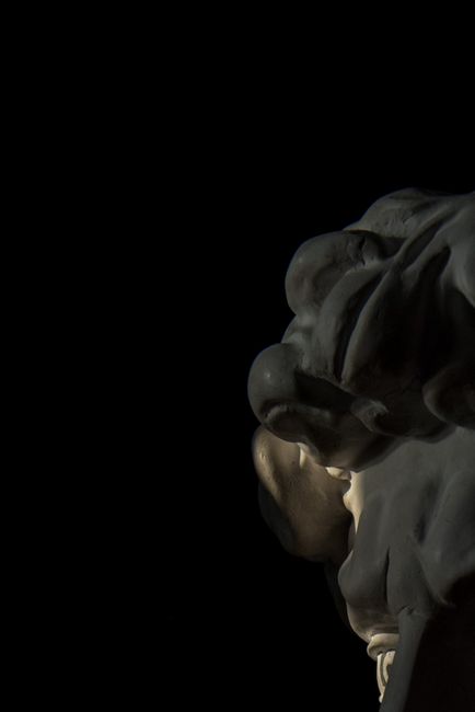 Intimate close-up of marble sculpture with dramatic shadows and contrast.